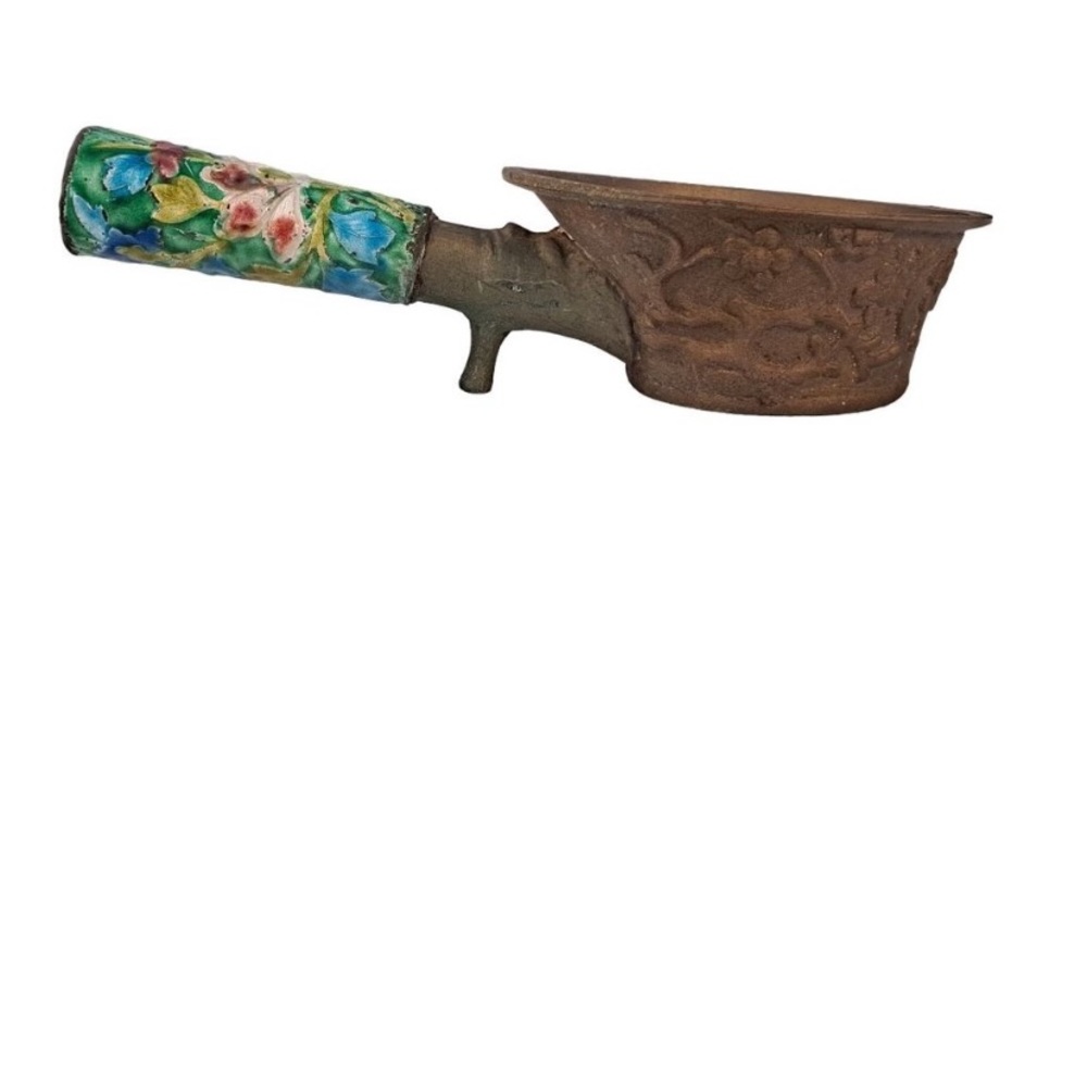 Antique Chinese Brass Silk Coal Pan Iron With Enamel Handle